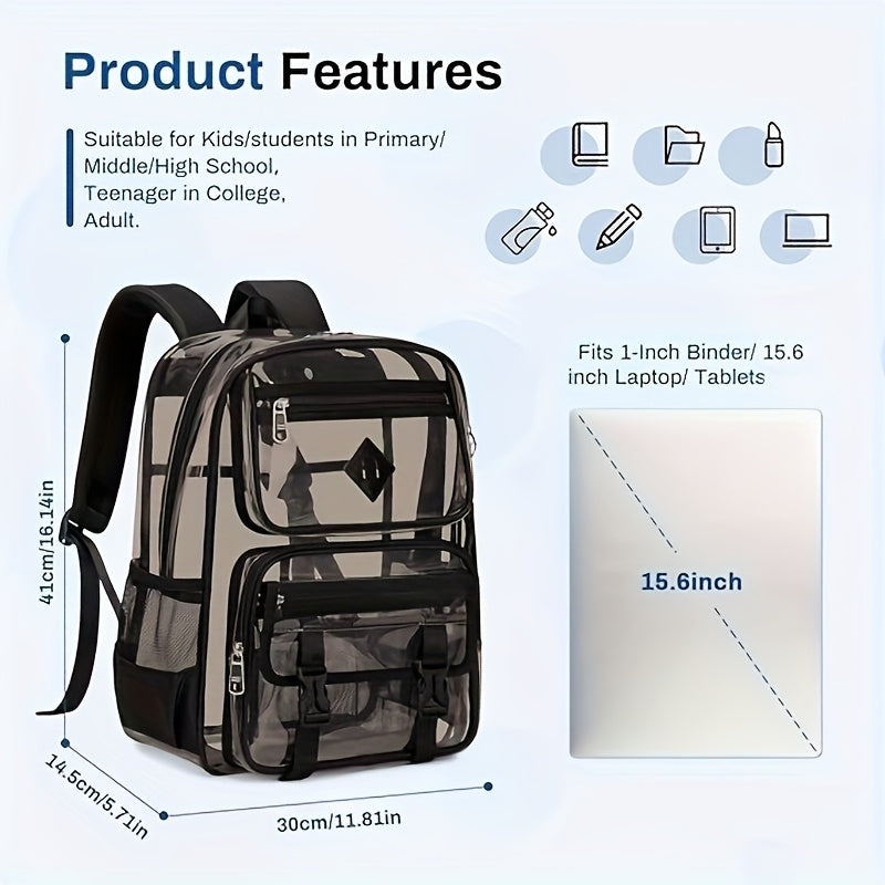 Casual Travel Men'S Backpack, 4.23gal Large Capacity, Lightweight Transparent Bag, Adjustable Shoulder Straps, Gym Approved, Outgoing Commuter Backpack, Black