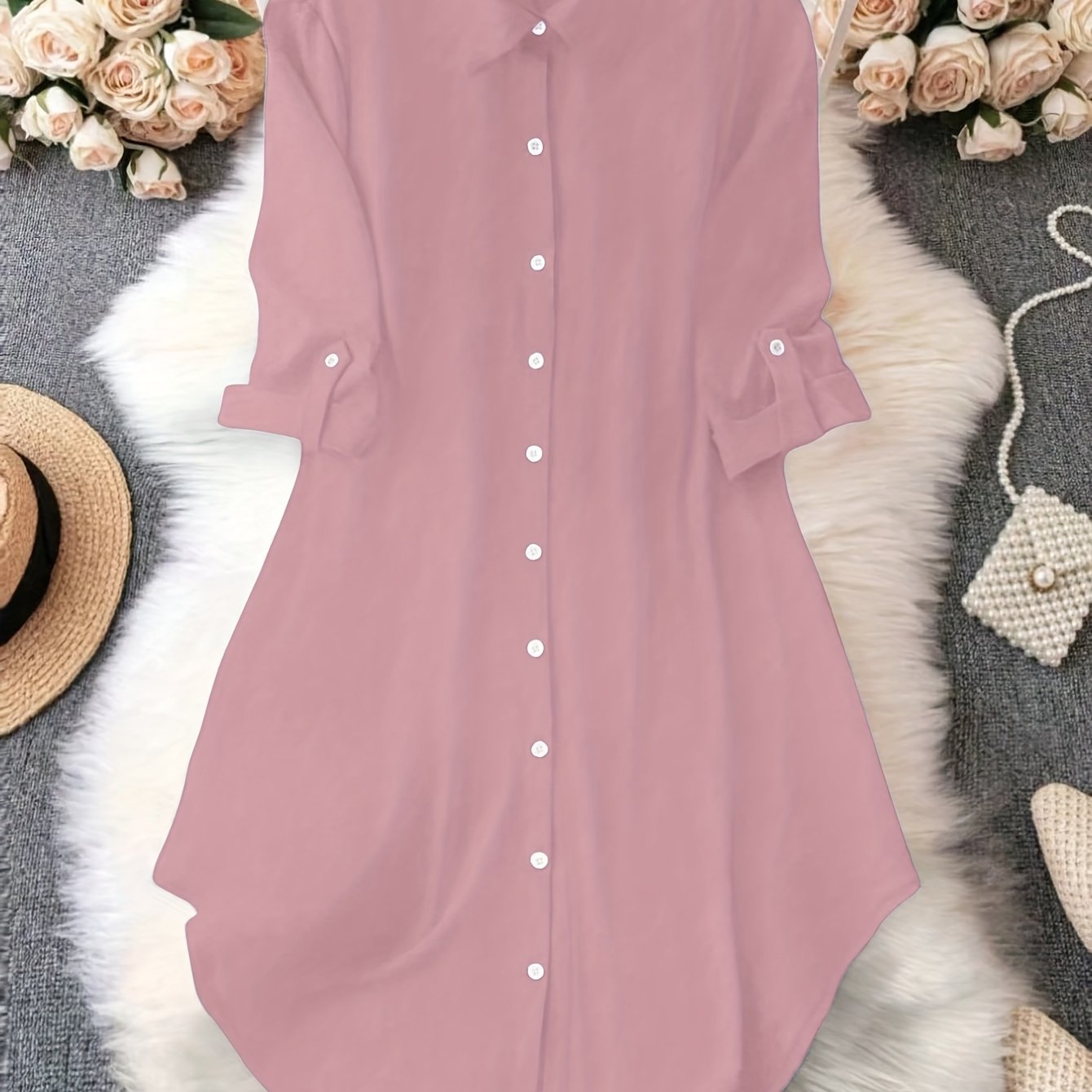 Women'S Light Blue Dress Shirt with Front Buttons and Sleeves - Casual Crew Neck, Long Sleeve, Solid Color, Polyester, Perfect for Spring and Fall, Ladies Dress