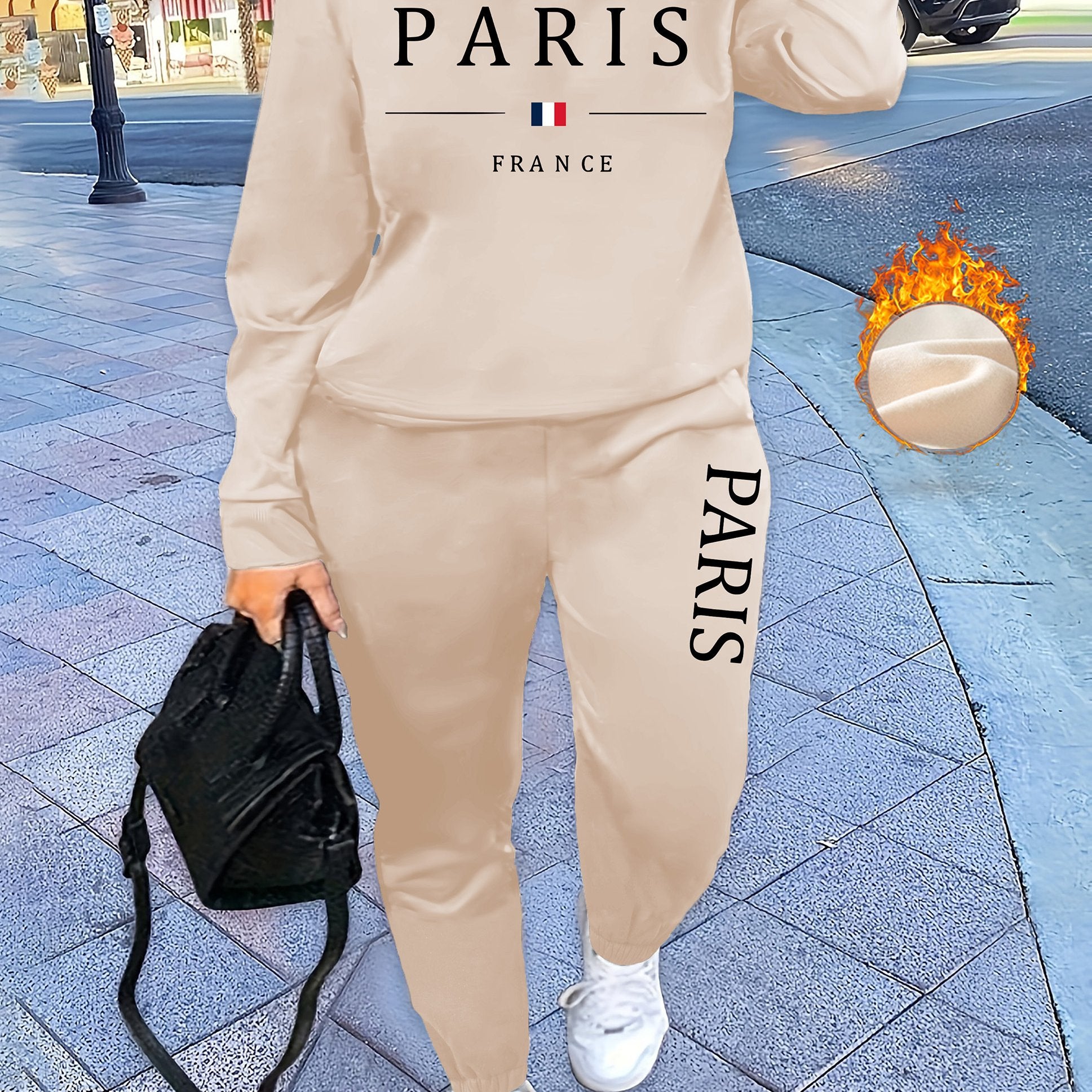 [Soft Texture] Women's Parisian Chic Letter Print Two-Piece Set - Cozy Gray Crew Neck Sweatshirt & Pants, 100% Polyester, Machine Washable, All-Season Comfort, Allseason Outfit|Parisian Chic Style|Cozy Material