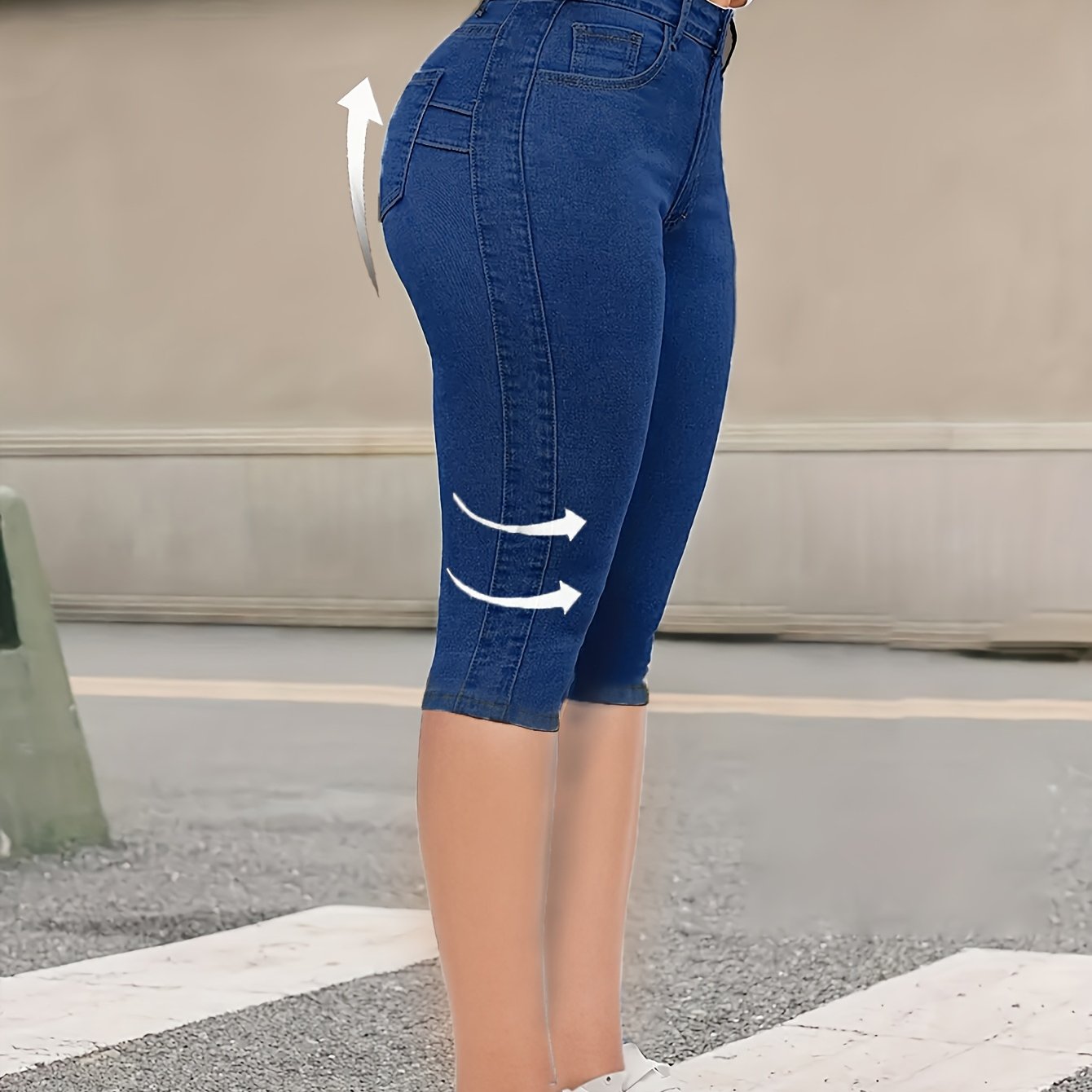 Women'S Casual High Elasticity 7-Inch Denim Shorts - Skinny Fit, Zipper Fly, Button Closure, Light Blue, Spring/Summer Fashion, Casual Wear|Skinny Fit Jeans|Zipper Fly Jeans