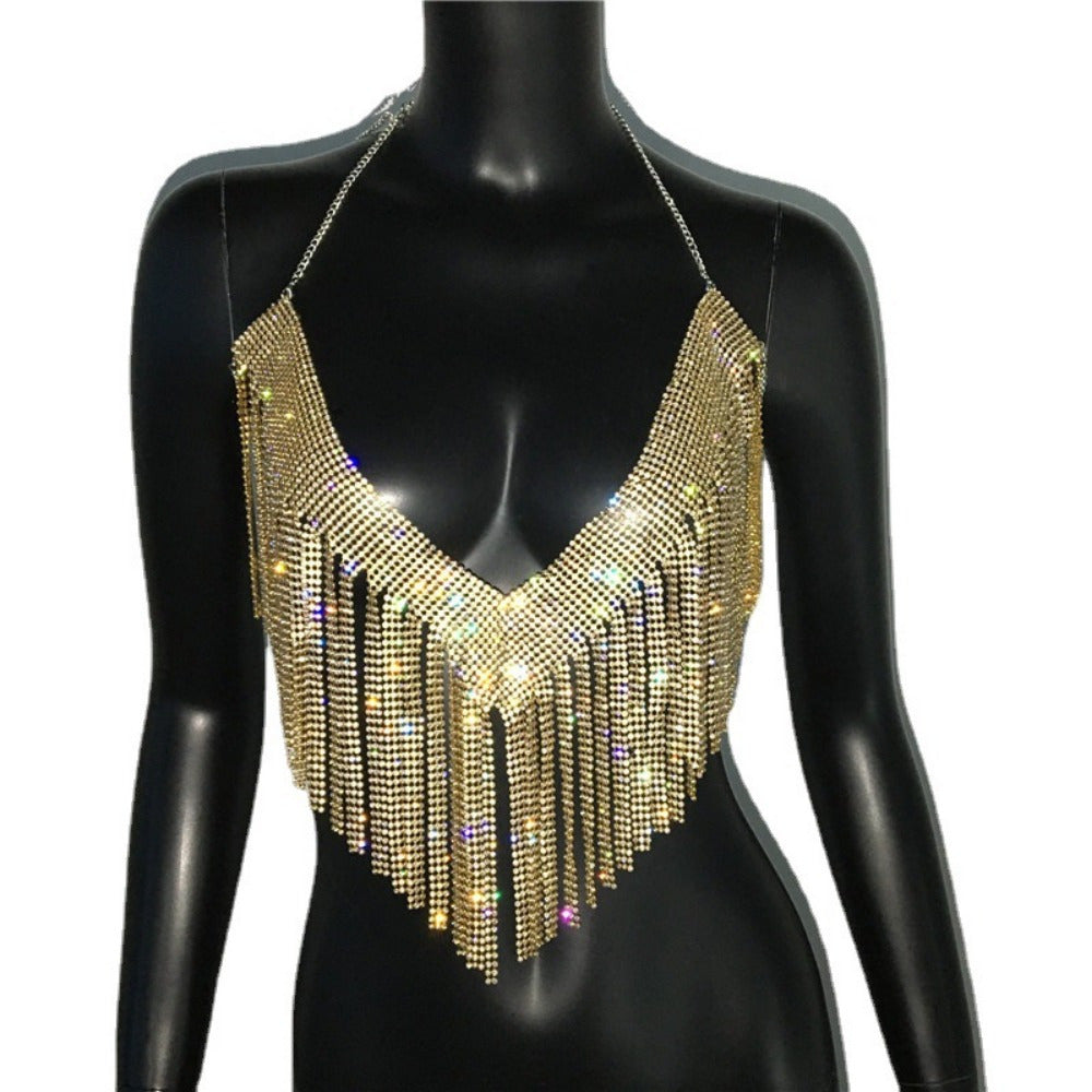 Glamorous Golden-Tone Rhinestone Tassel Necklace - Luxurious Alloy Crop Top with Sparkling Fringe Detail, Perfect for Parties & Celebrations