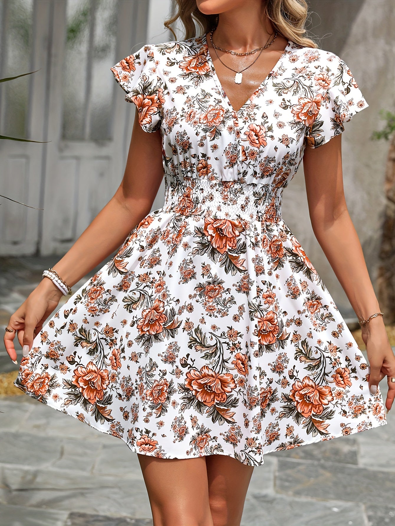 Floral Print Shirred Waist Dress, Elegant Ruffle Sleeve V Neck Dress - Women's Clothing -  Elegant & Feminine Style -  Suitable for Parties, Weddings & Casual Occasions - Perfect Gift for Women