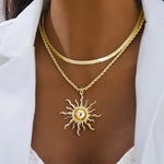 Double Layer Snake Bone Chain Necklace with Sun Flame Pendant – Elegant Zinc Alloy Statement Jewelry for Women, All-Season Fashion Accessory