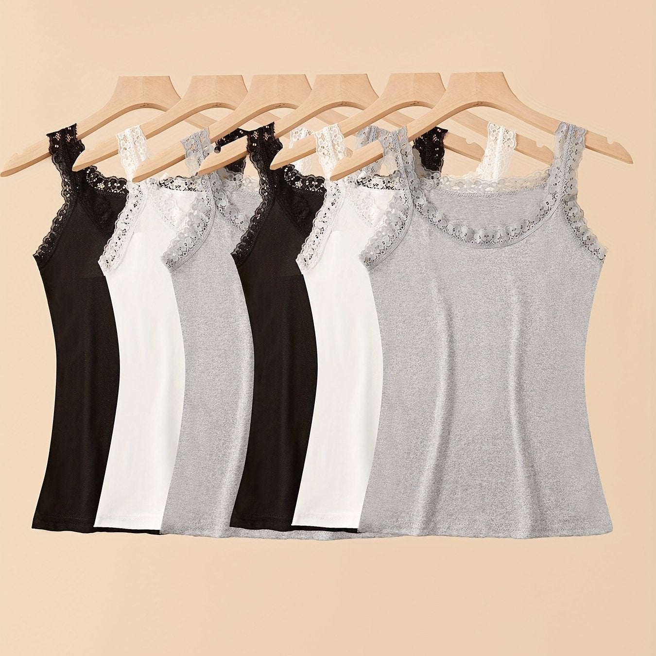 6pcs Autumn & Winter Thin Sleeveless Solid Lace Trim Vest, Versatile Crew Neck Vest Top, Women's Lingerie