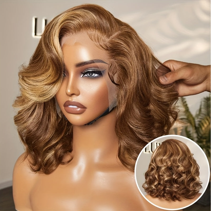 12" Highlight Brown & Honey Blonde Ombre Body Wave Bob Wig - 13x4 HD Invisible Lace Front, Pre-Plucked Human Hair with Bleached Knots for Women, #4/27 Ombre Colored Short Bob Wig, Elegant Style, 200% Density, Natural Look for