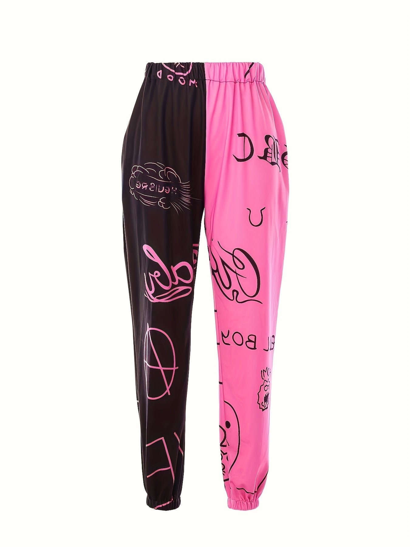Women's Casual Jogger Pants - Loose-Fit Elastic Cuff Sweatpants with Black & Pink Color-Block Design, Letter & Graphic Prints (Hearts, Stars, Peace Signs), All-Season Machine Washable Lounge Pants for Women, Jogging Pants, Ca