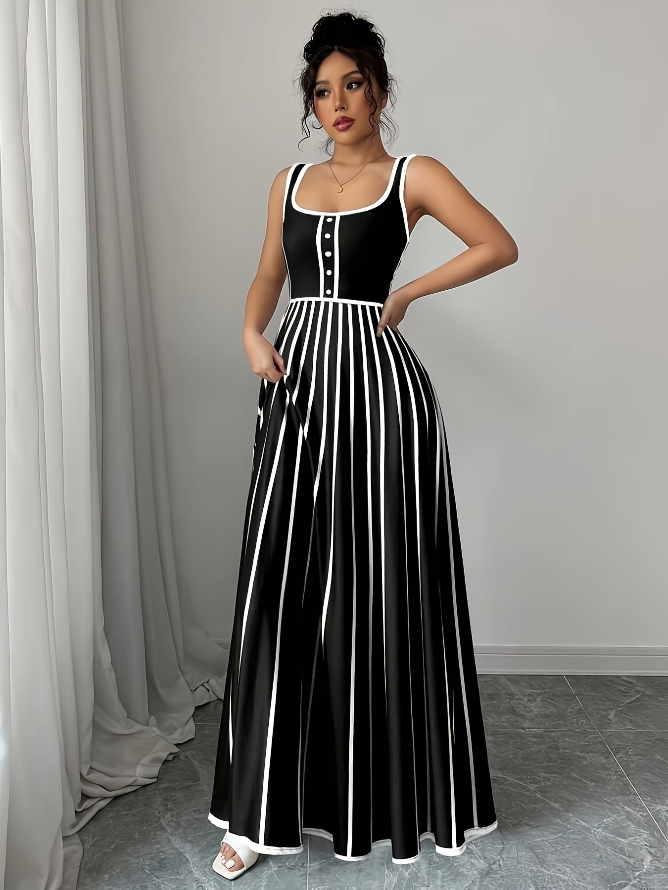 Elegant Striped Sleeveless Maxi Dress for Women - Square Neck, Button Detail, Black & White Vertical Stripes, Flowy Design, Machine Washable, Perfect for Casual or Chic Outfits
