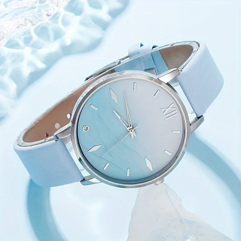 6pcs Set Fashion Women Simple Wrist Watches Blue Rhinestone Quartz Watch PU Leather Strap Ladies Dress Bracelet Watch Set Gifts