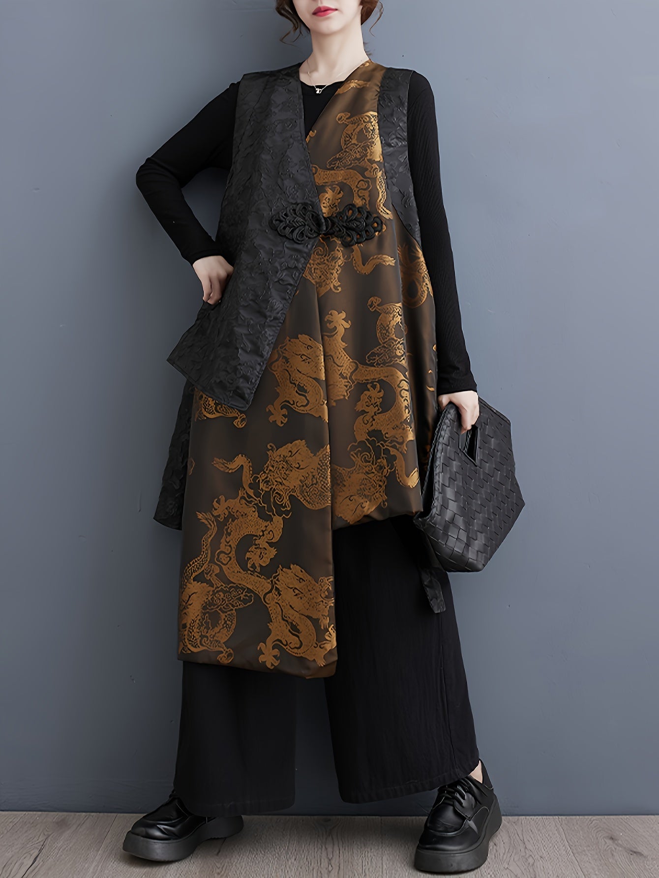 1pc Elegant Plus Size Golden Dragon Print Sleeveless Kimono Cardigan - Casual Polyester Woven Outerwear with Asymmetrical Hem and Criss-Cross Neck Design