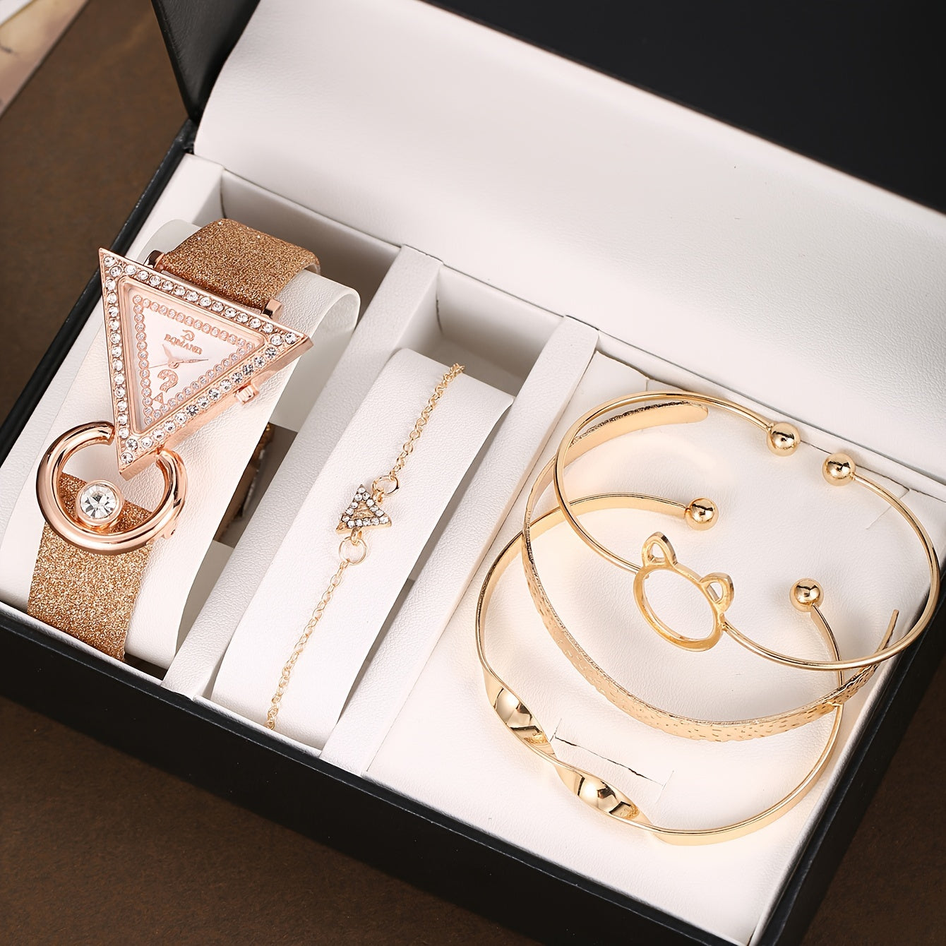 Luxury 5-Piece Women's Quartz Watch and Bracelet Set with Glittering Triangle Dial, PU Leather Band, Electronic Quartz Movement, Zinc Alloy Case, and Rhinestone Accents (Non-rechargeable Button Battery Included)
