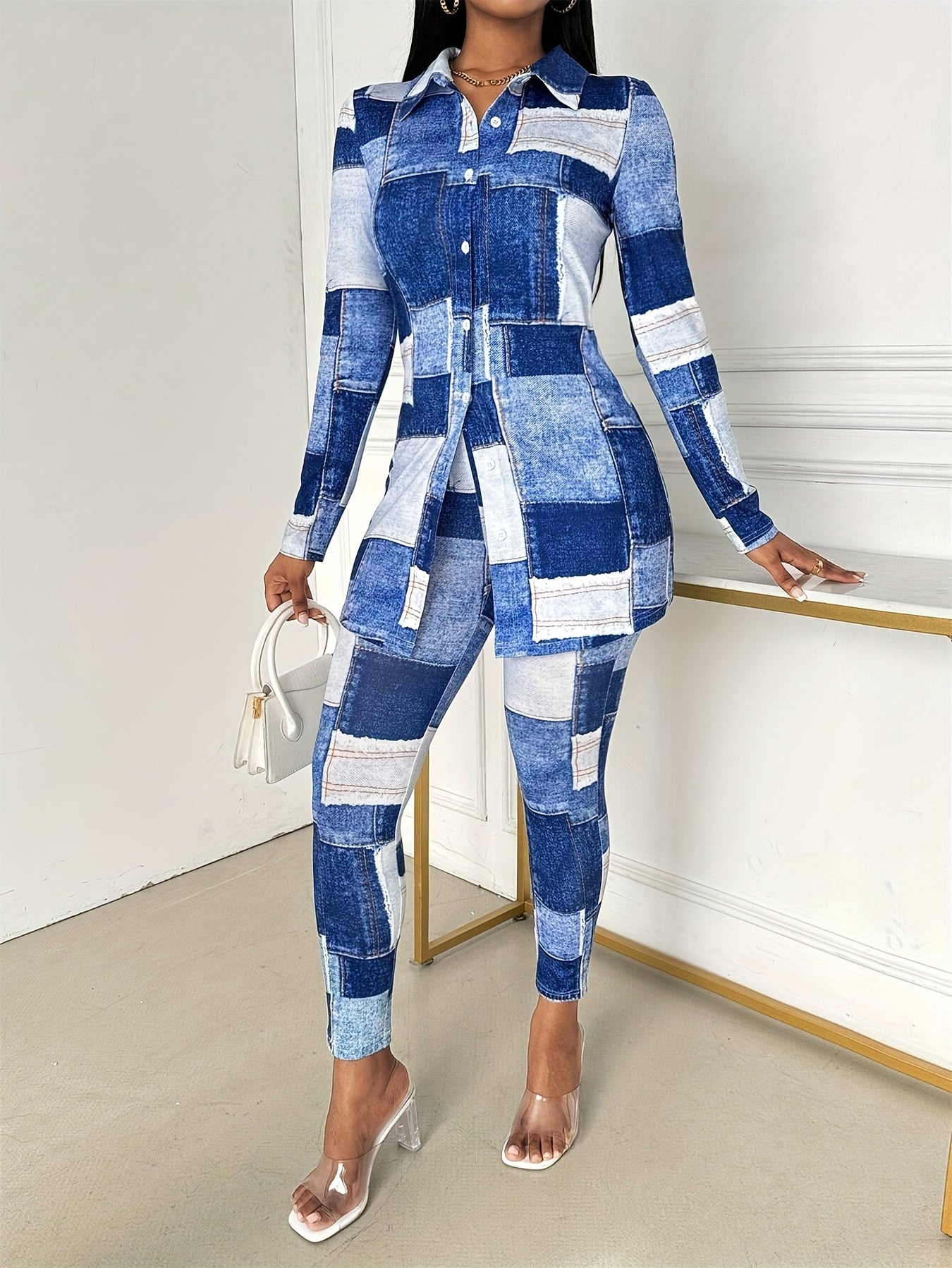 Women'S Plaid Print Button- Collar Long Sleeve Top And Pant Suit, Spring/summer Women'S Wear