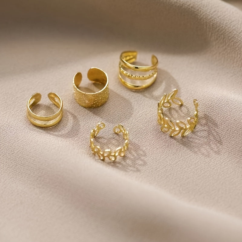 Set Of 5 Delicate And Versatile Hollowed-out Leaf Ear Cuffs