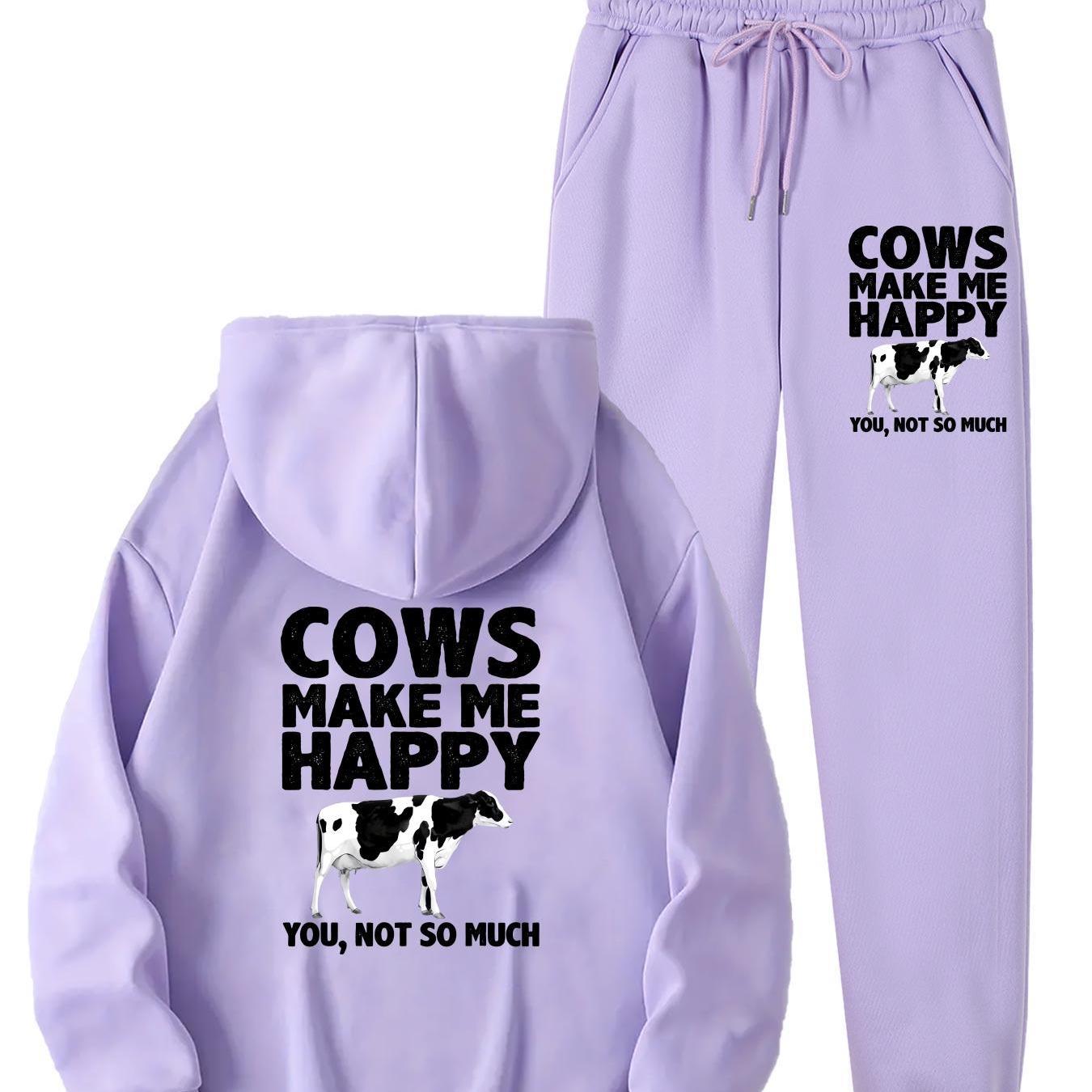 1set Women'S Casual Sportswear with Cow Print, Polyester 100% Long Sleeve Hoodie and Joggers Set, Crew Neck, All-Season Knit Fabric with Pockets