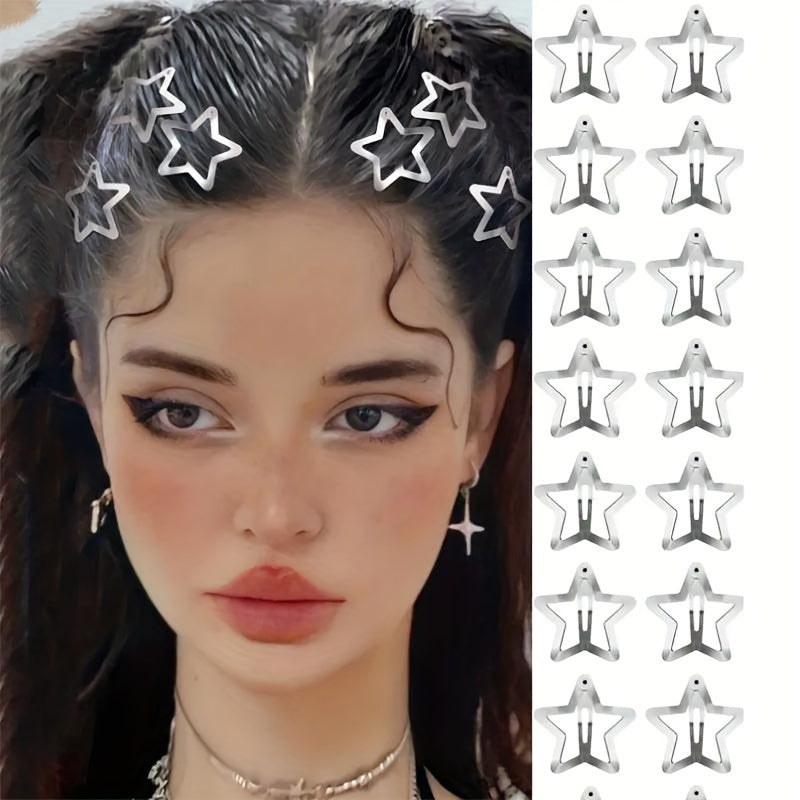 10pcs Y2K Star Hair Clips – Non-Slip Snap Barrettes for Women, 2000s Aesthetic Metal Hair Accessories, Cute Silvery Stars for Streetwear & Everyday Styling