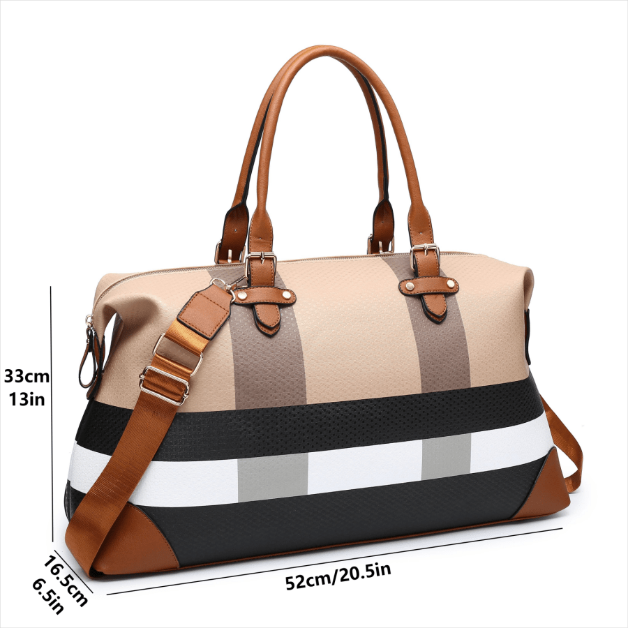 PU leather large overnight travel bag striped pattern handbag carry-on luggage bag suitable for vacation, overnight, camping, hiking, sports and fitness