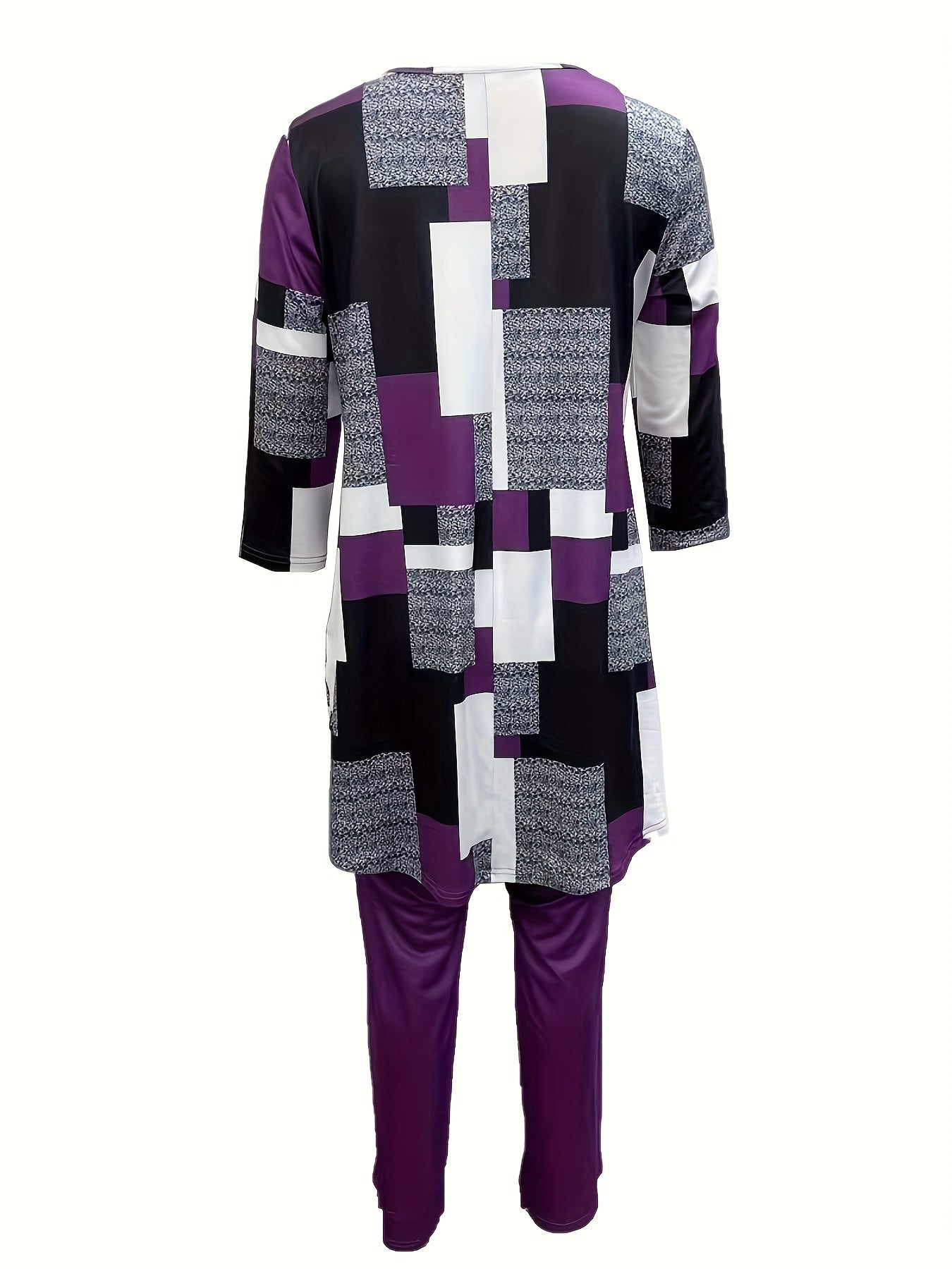 Women'S Geometric Patterned Crew Neck Top with Three Quarter Length Sleeves and Solid Color Pants Two-Piece Set