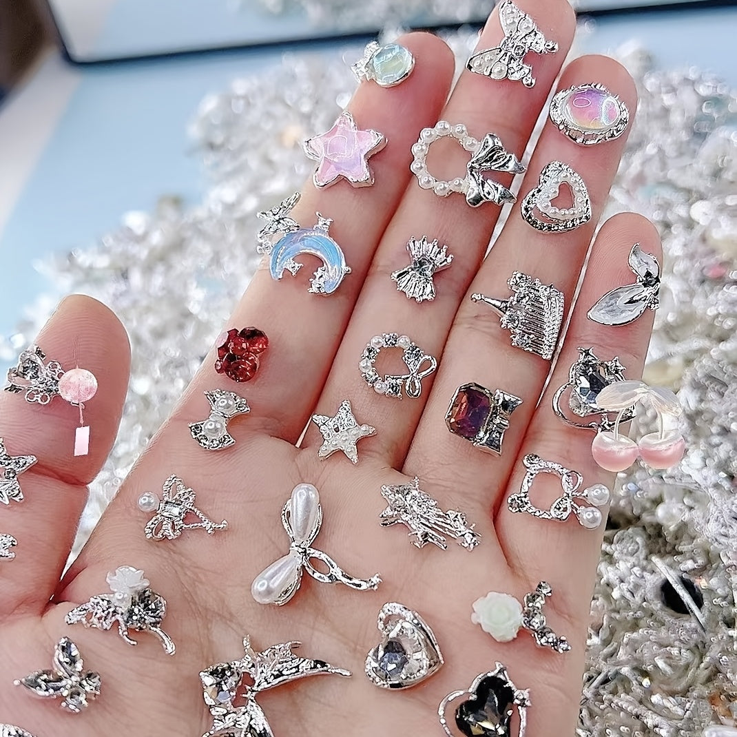 100pcs Mixed Metal Nail Art Charms Set, Alloy Rhinestones, Assorted Designs, Floral, Butterfly, Heart & Star Shapes, Unscented