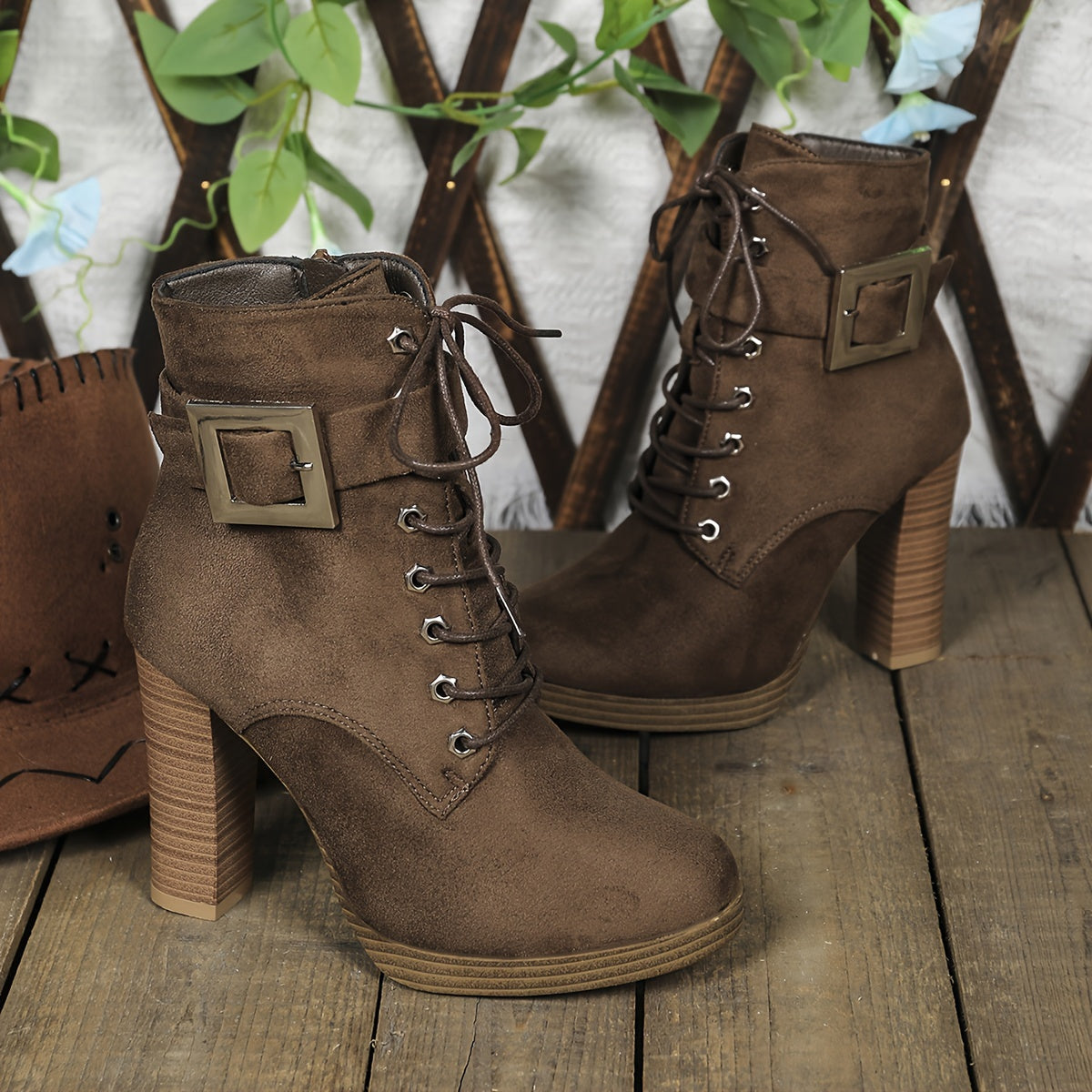 Chic Women's Ankle Boots with Block Heel - Casual Lace-Up & Side Zipper, Round Toe, Faux Cover