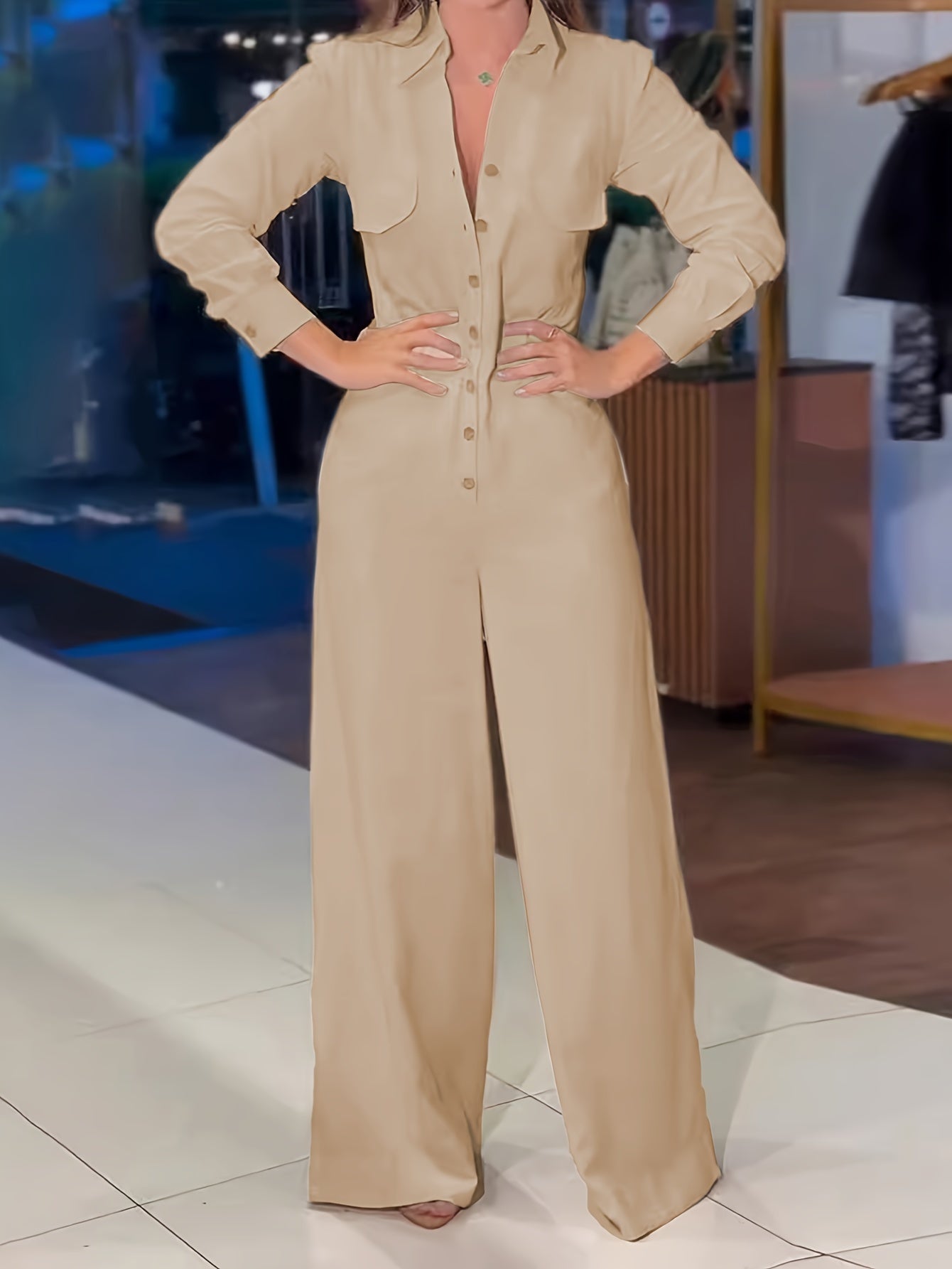 Elegant Solid Color V-Neck Jumpsuit for Women - Long Sleeve, Button-Up, Wide-Leg Design, Polyester, Machine Washable - Perfect for Spring & Fall