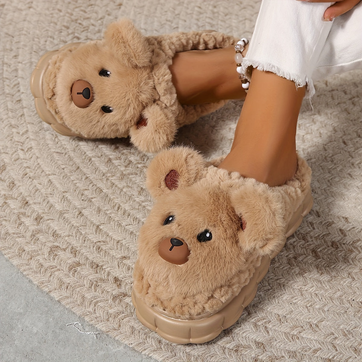 Ladies Cartoon Plush Lined Cozy Thick Sole Home Slippers, Honey Girl Style, Easy Slip-On, Cartoon Pattern, Winter Comfy Fabric Footwear with EVA Sole, European & Southeast Asia Special - Ruian Origin