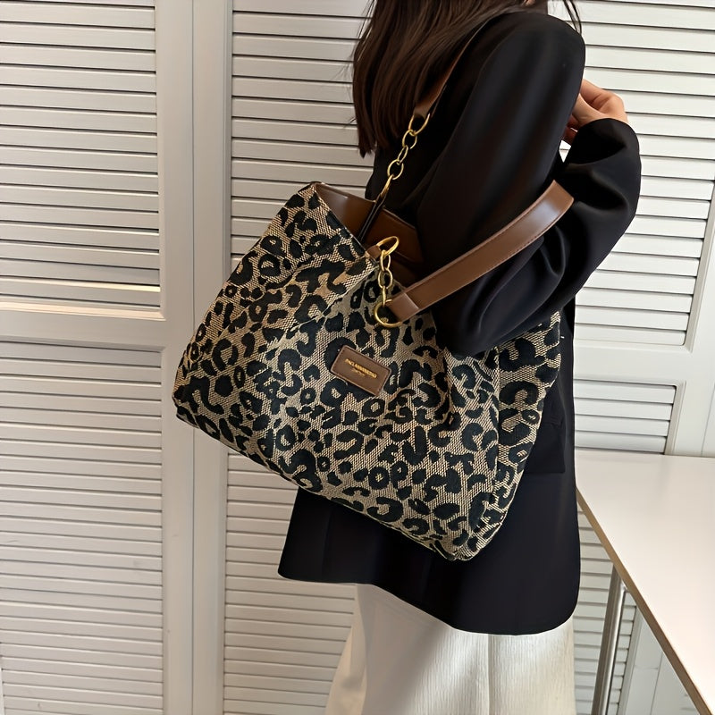 Chic Leopard Print Canvas Tote Bag for Women - Casual Shoulder Handbag with Dual Handles, Perfect for Daily Commute & Fashion Outings