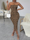 Sleek Leopard Print Off-Shoulder Bodycon Midi Dress - Slimming Strapless Design, Stretchy Polyester Blend, Perfect for Spring & Summer, Casual Chic Outfit | Sexy Leopard Dress | Stretchy Fabric, Leopard Print Dress