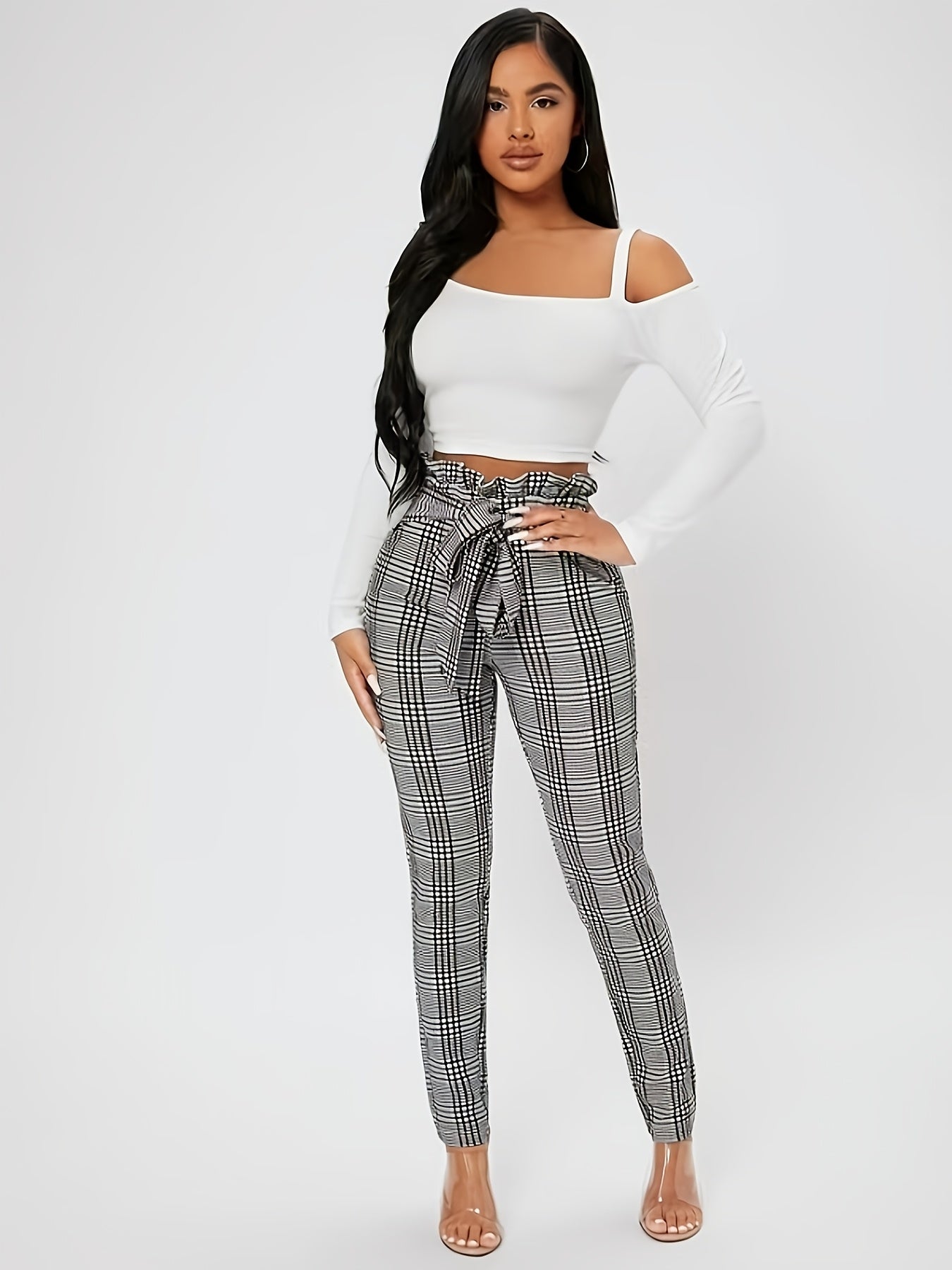 Women's Vintage-Inspired Stretch Slim Pants - Black & White Plaid, High-Waisted with Tie Belt, Polyester, Machine Washable - Perfect for Spring/Fall