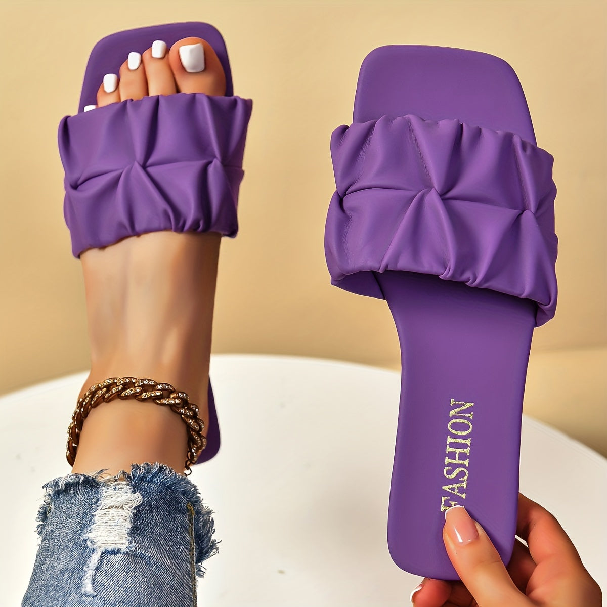 Stylish Pleated Slide Sandals for Women - Comfortable, Lightweight, Casual Square Open Toe Flat Shoes with Breathable Design for Summer - Easy Slip-On Style