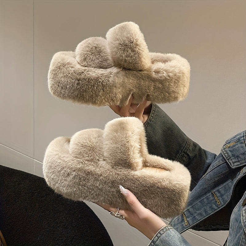 Women's Plush Fleece-Lined Slip-On Slippers with 2.76inch Thick TPU Sole - Cozy Winter Indoor House Shoes in Black, Light Blue, Beige & Brown, Comfortable Loungewear | Casual Slipon | Soft Fabric Construction, House Slippers