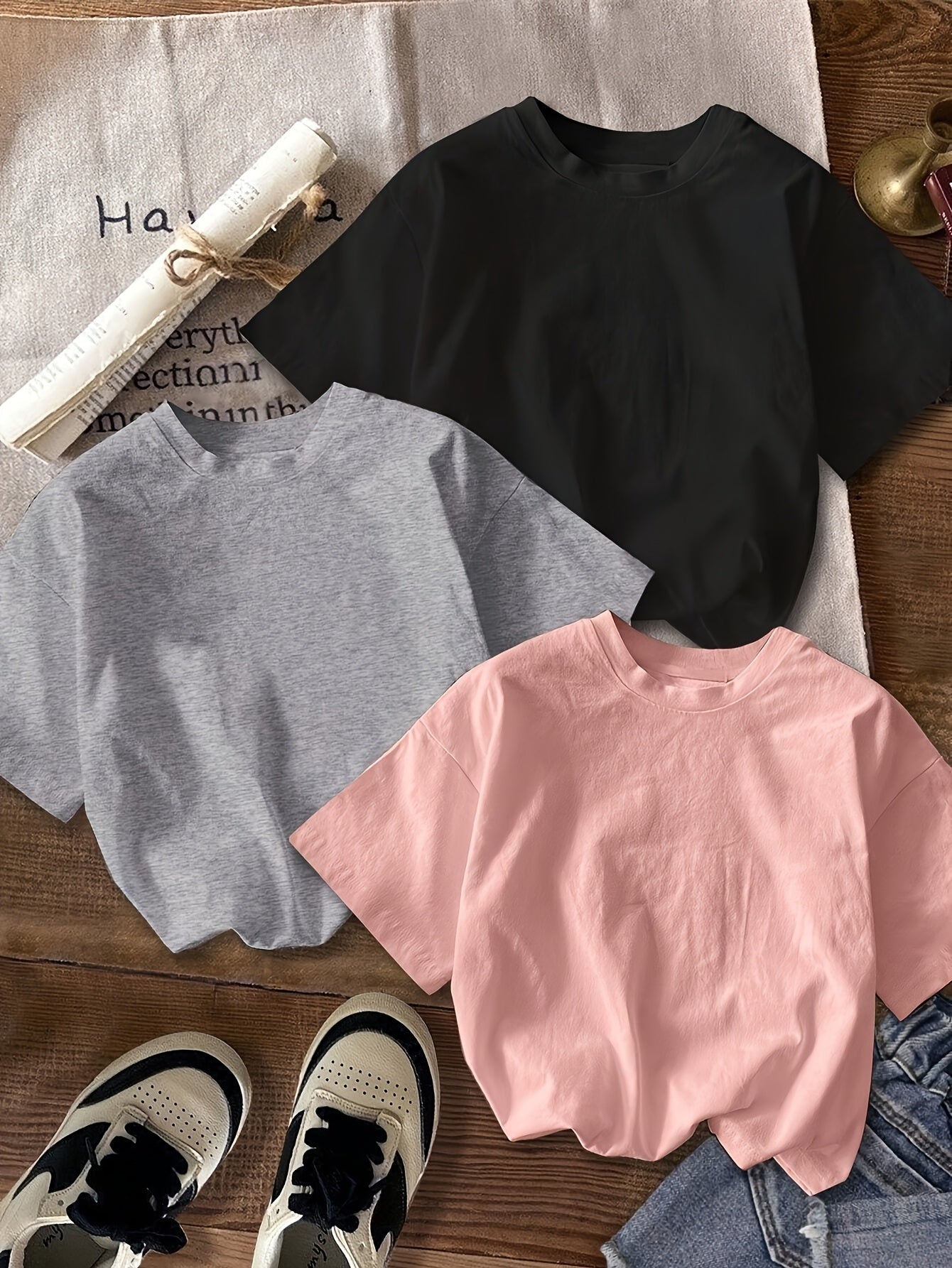 3pcsSet Casual Minimalist Pentagram & English Letter Print Round Neck Short Sleeve Cropped T-Shirt, Suitable for Summer
