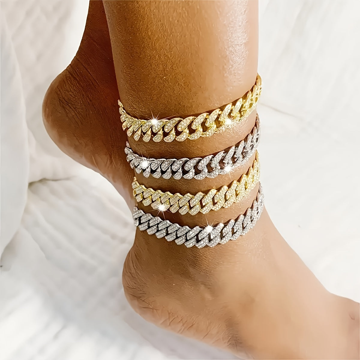 Iced-Out Hip Hop Cuban Link Chain Anklet, Sparkling Rhinestone, Perfect for Beach & Casual Attire, Ideal Mother's Day Gift