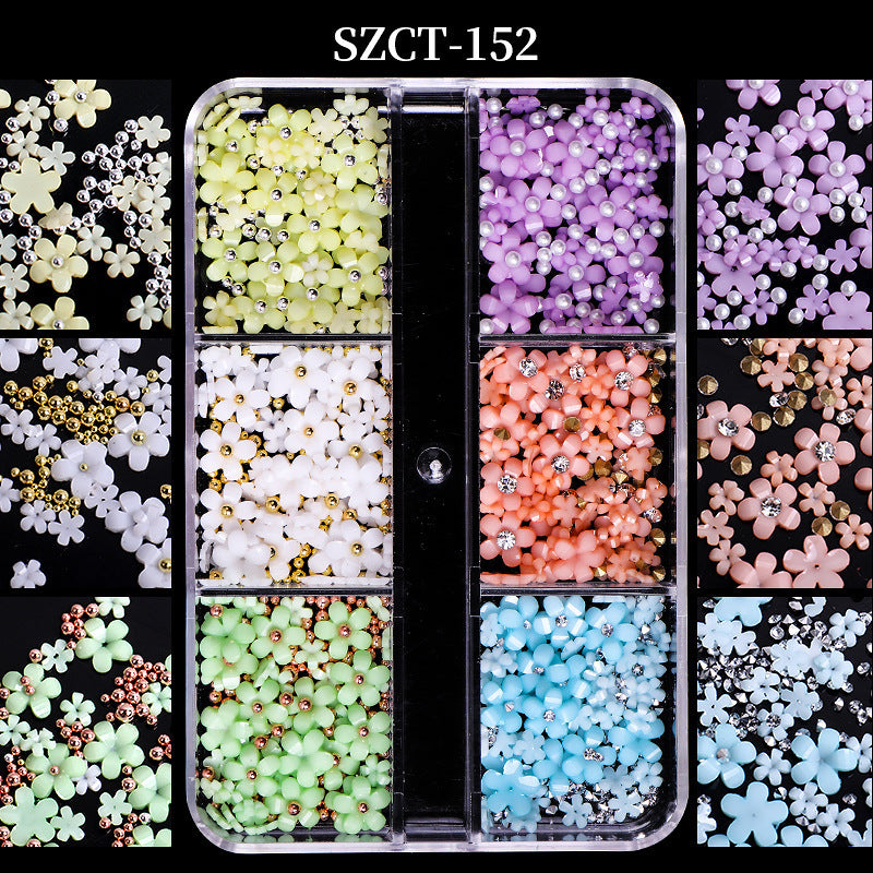 3D Flower Nail Charms, 4 Boxes 3D Acrylic Flower Nail Art Rhinestones White Pink Mixed Cherry Blossom Spring Gems Acrylic Nail Supplies with Pearls Manicure DIY Nail Decorations