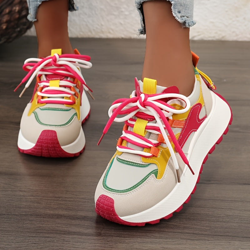 YTMLDY Women'S Fashion Sneakers - Colorful Striped Low Top Lace-Up Shoes with Thick PVC Sole, Breathable Fabric Lining, and Durable Outsole for All-Day Comfort, Casual Sneakers|Vibrant Pattern Shoes|Flexible PVC Sole