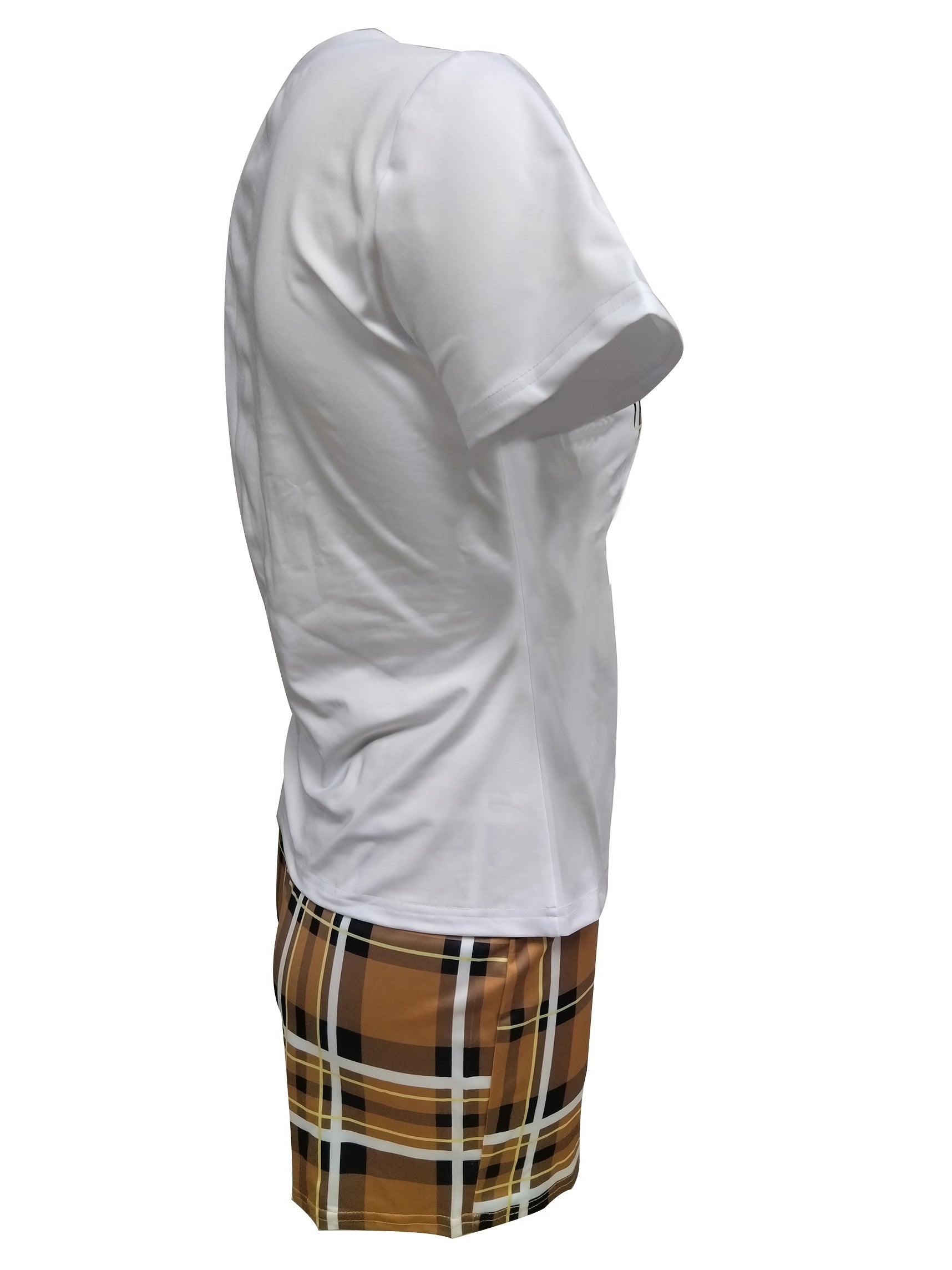 Casual Spring & Summer Two-piece Set, Queen Letter Print Short Sleeve Tee & Plaid Slim Shorts Outfits, Women's Clothing