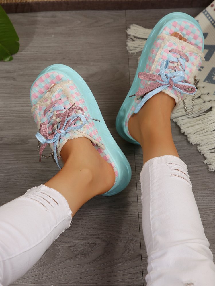 Women'S Chic Summer Canvas Slide Shoes - Pink & Blue Checkered Design, Thick Sole, Lace-Up with Charm, Casual Outdoor Footwear, Comfortable Fabric Upper, Rubber Sole, Round Toe, Fashionable and Casual