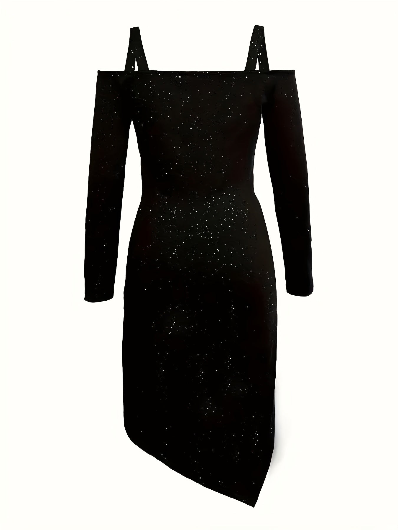 Elegant Off-Shoulder Lace-Trimmed Bodycon Dress for Women - Black with Sparkling Sequins, Ruched Front & High-Low Hemline, Stretchy Polyester Blend, Perfect for Parties & Formal Events, Stylish Women's Outfit | Offshoulder Go