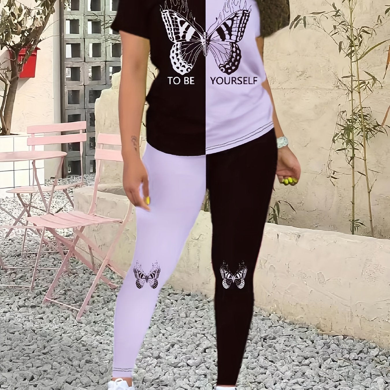 Butterfly Print Casual Two-piece Set, Crew Neck Short Sleeve Top & Pants Outfits - Women's Clothing -  Summer Fashion - For Women - Stylish & Comfortable Everyday Wear - Perfect Gift for Birthday & Holidays