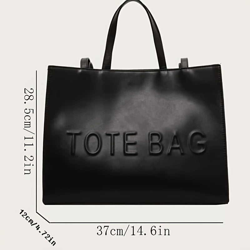 Stylish Black Tote Bag with "TOTE BAG" Embossed Design – Large Capacity Shoulder Handbag for Women, Perfect for Commuting and Casual Outings, Snap Button Closure