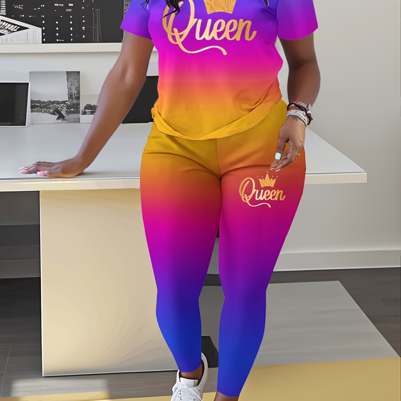 Casual Two-Piece Set with Crown and Queen Print, Short Sleeve Crew Neck T-Shirt and Leggings, Women's, Polyester Blend, Spring/Summer Collection