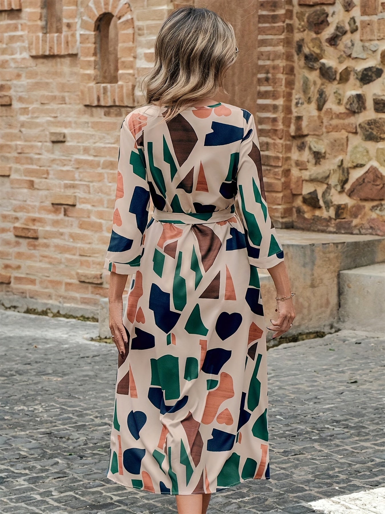 Women's woven V-neck print with sleeves belt Summer dress Elegant stylish casual Women's skirt