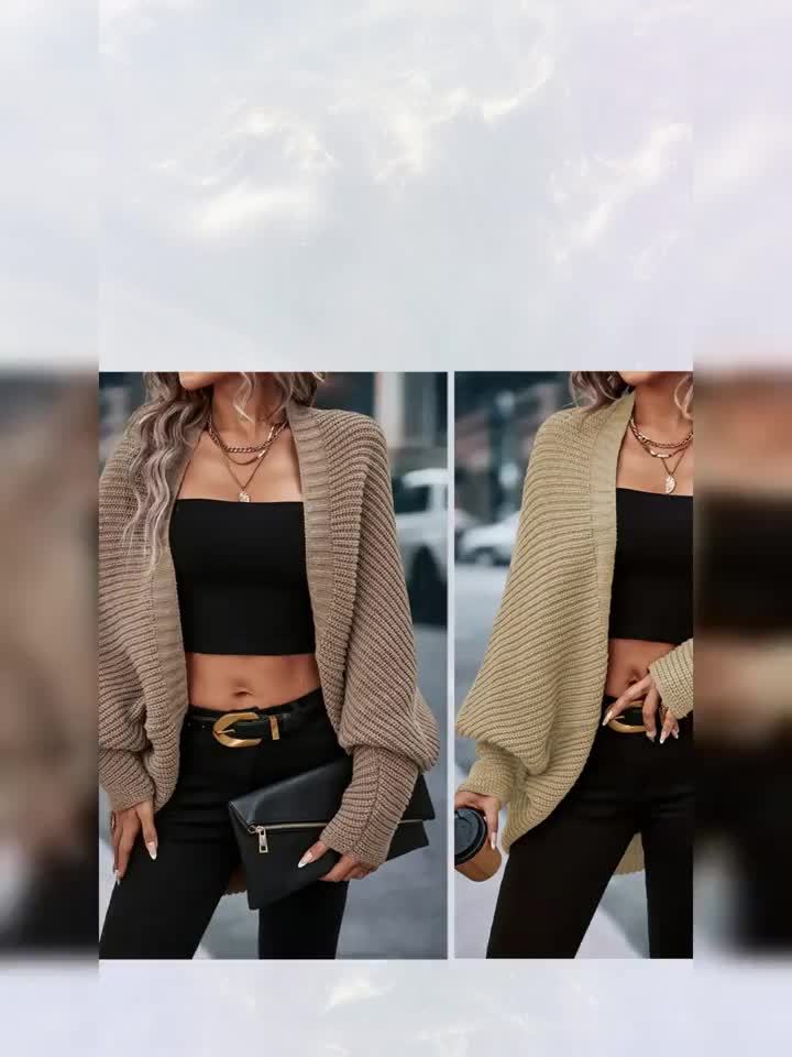 Elegant Women'S Batwing Sleeve Knit Cardigan - Solid Color, Open Front Sweater with Button Details, Perfect for Fall/Winter Casual Wear, Stylish Layering Piece | Button Detail Cardigan | Knit Construction, Sweater Cardigan