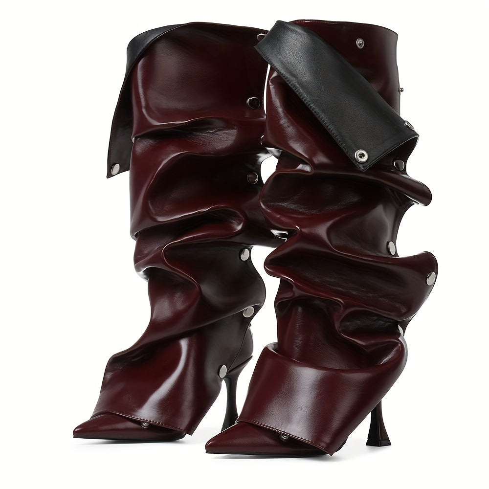 Women's Sexy Metallic Ruched Slouchy Knee-High Boots with Pointed Toe & Detachable Design - Stiletto Heel, Zipper, PU Cover & Rubber Sole for Dates, Casual Outings, High Heel Boots