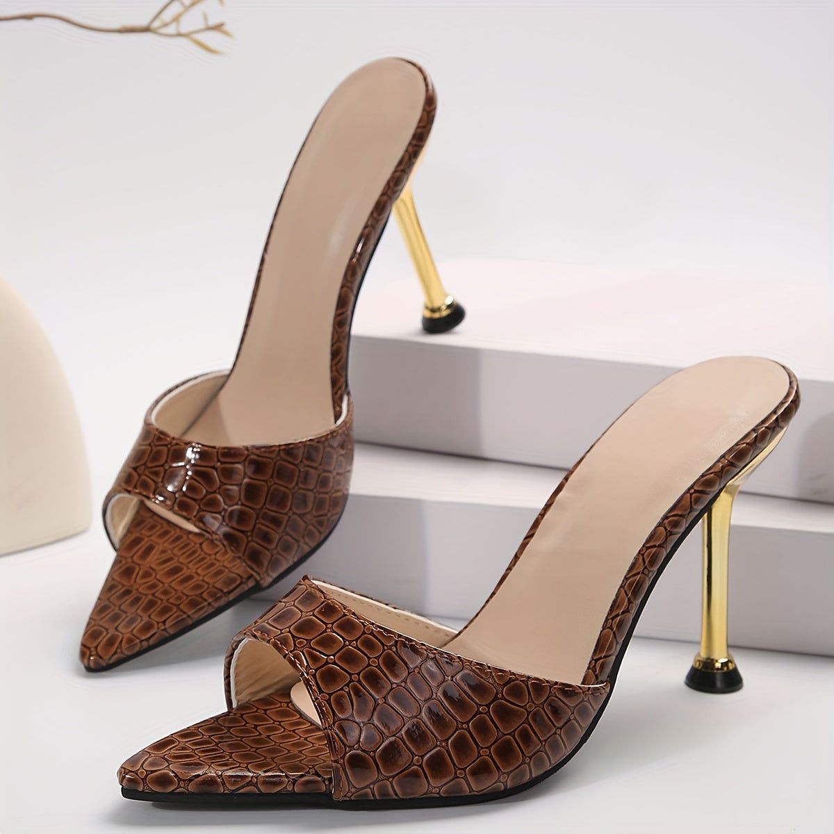 Women's Crocodile Pattern Thin High Heels - Pointy Peep Toe Slip On Stiletto Sandals - Fashionable, Comfortable - For Parties & Banquets - Perfect Gift for Women