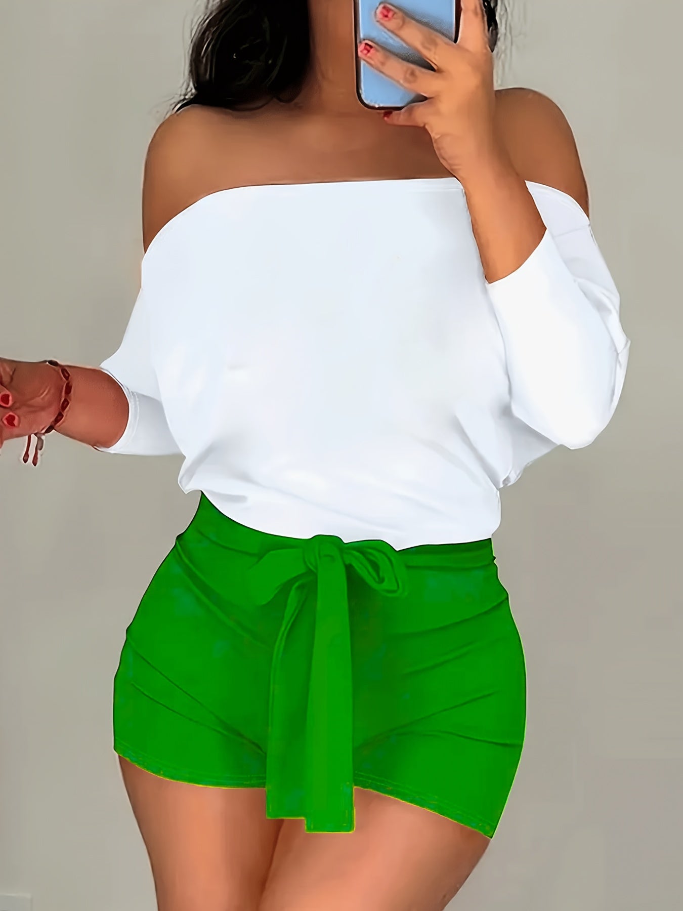 8016 European And American Women'S Clothing 2025 Spring And Summer New Casual Loose Off-Shoulder Shorts Suit Two-Piece Suit with Belt