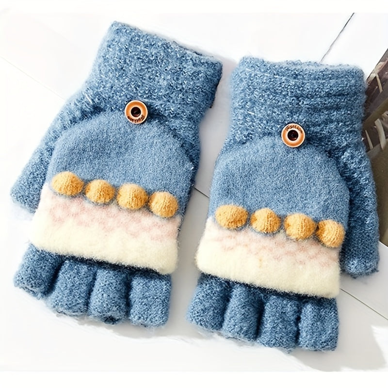 Cute Sweet Jacquard Convertible Mittens Short Thick Warm Half Finger Knit Gloves Autumn Winter Coldproof Windproof Touchscreen Gloves