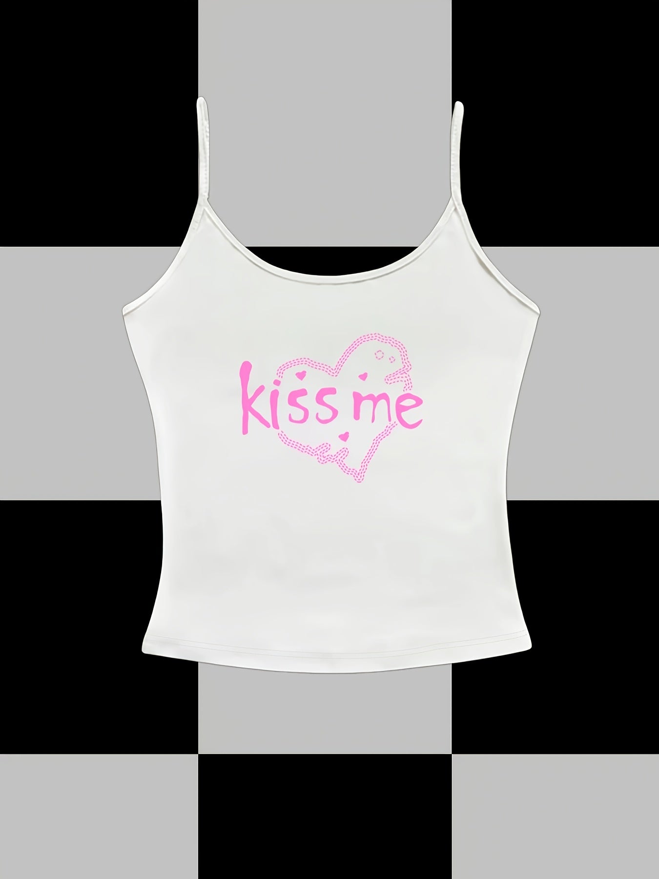 Kiss Me Y2K Graphic Print Halter Neck Slim-Fit Vest - White with Pink Lettering & Heart Design, Semi-Sheer Stretchy Machine-Washable Summer Casual Top, Casual Attire, Playful Design, Stretchy Fabric