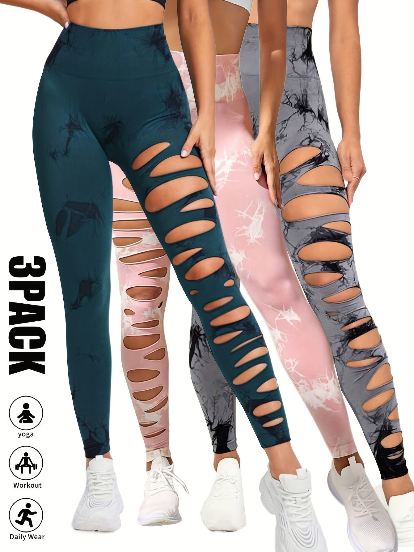 [3 Pack High Waist Yoga Leggings] 3 Pack Women's Tie Dye Cutout Tights High Waist Workout Yoga Leggings, Scrunch Butt Lifting Elastic Pants, Womens High Waist Yoga Pants Cutout Ripped Tummy Control Workout Running Yoga Skinny