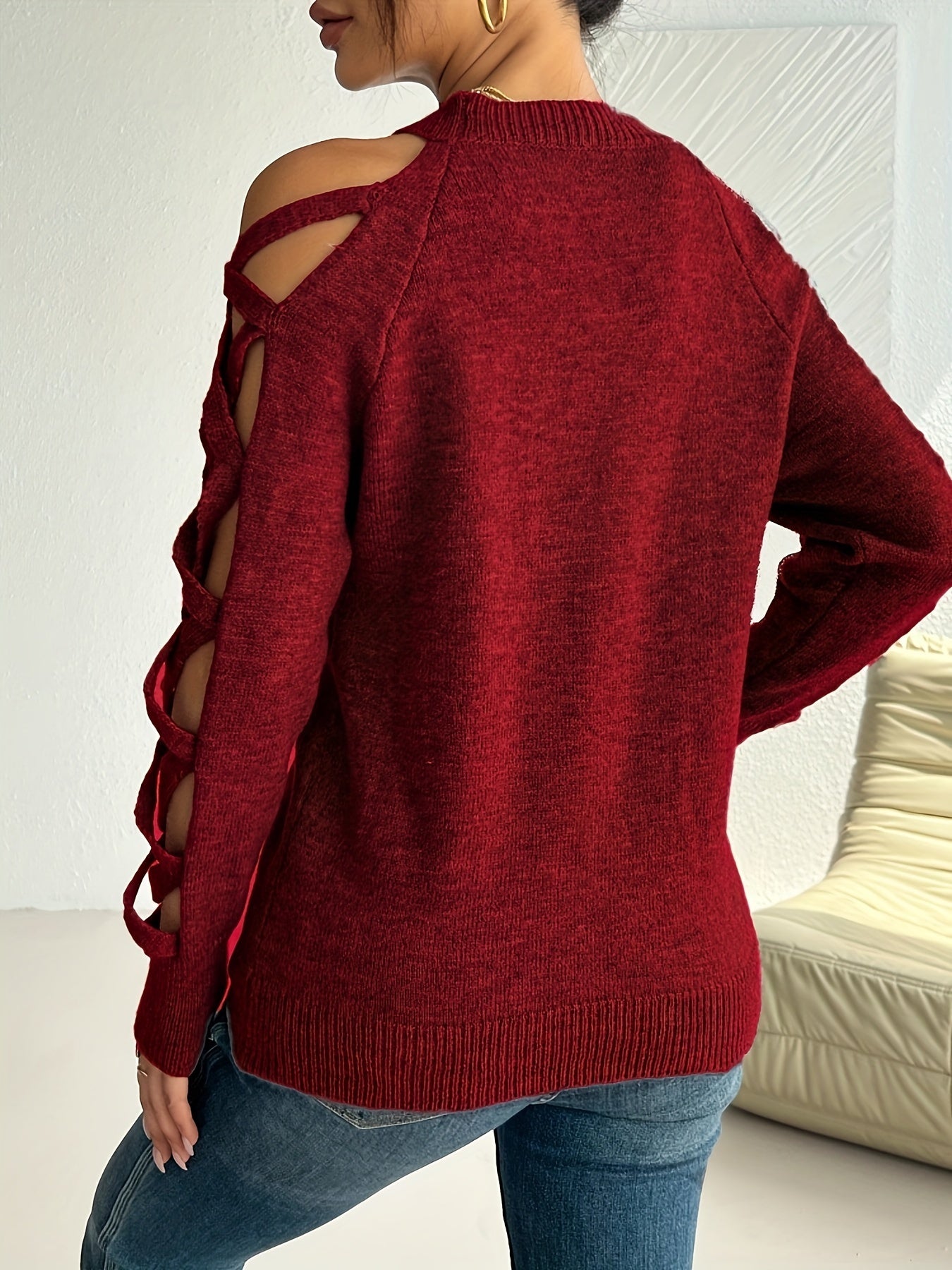 Chic Women's Black Pullover Sweater with Distressed Sleeves - Elegant Cut-Out Detail, Crew Neck, Long Sleeve, High Stretch Nylon/Polyester Blend, Perfect for Autumn Fashion