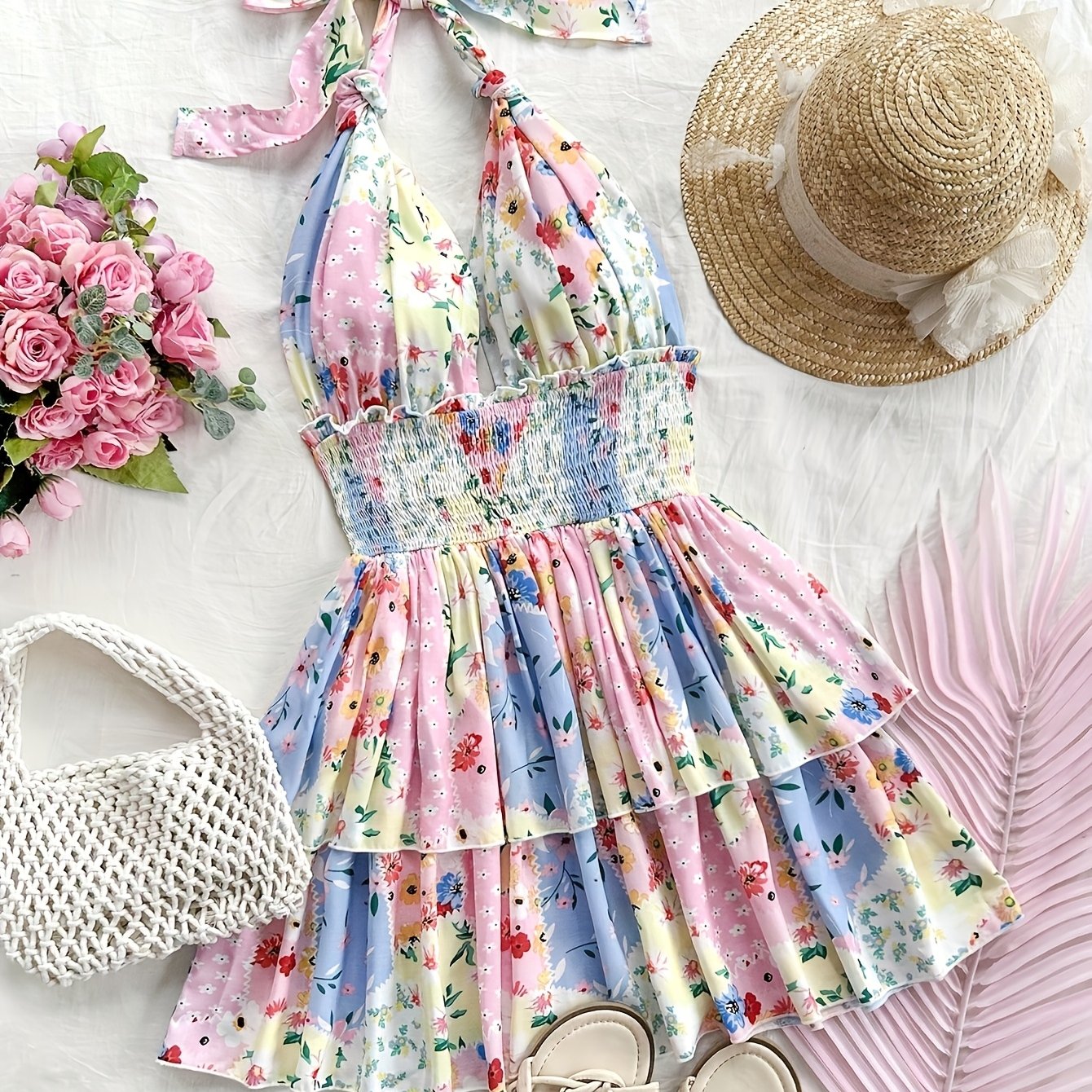 Floral Print Halter Suspender Dress for Women - Elegant Spring/Summer Sleeveless Mini Dress with Shirred Detail, Vibrant Floral Pattern, Lightweight Polyester, Perfect for Casual or Dressy Occasions, Formal Outfit | Bowknot D