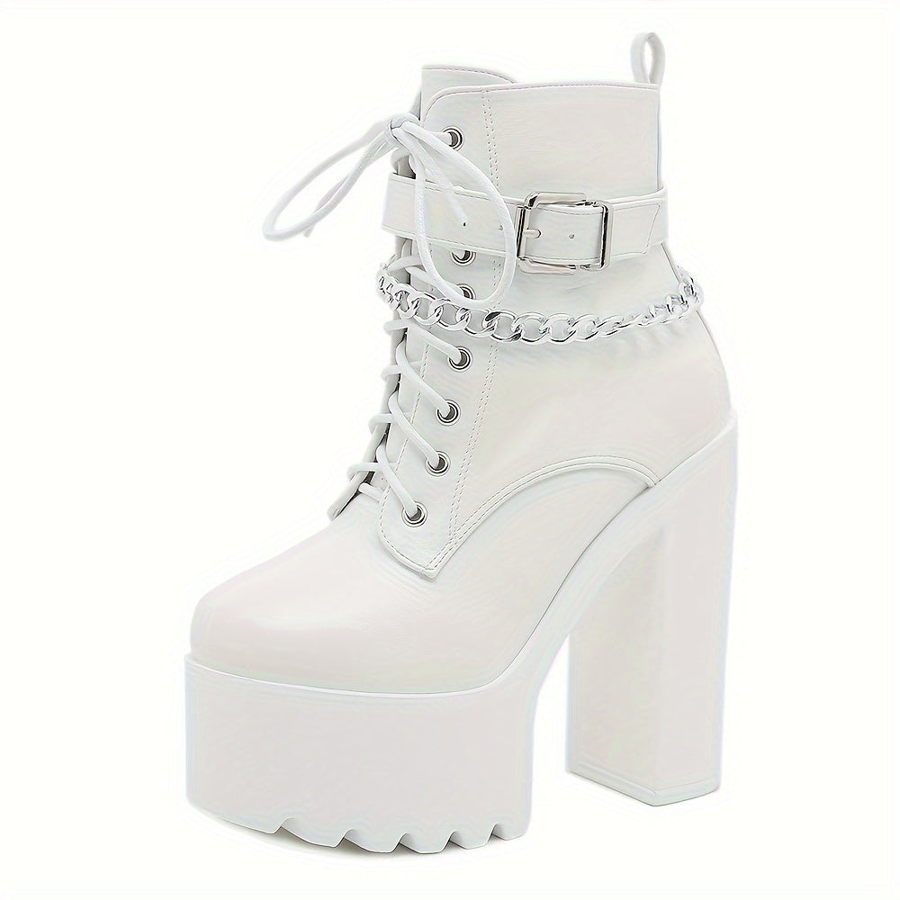 Women's Chain Decor Block Heeled Boots, Fashion Lace Up Side Zipper Boots, Women's Stylish Ankle Boots